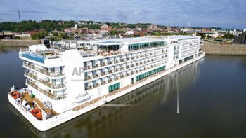 In this Tuesday, Sept. 6, 2022, photo, the Viking Mississippi cruise ship docks at the Port of Dubuque in Dubuque, Iowa. (Dave Kettering/Telegraph Herald via AP)